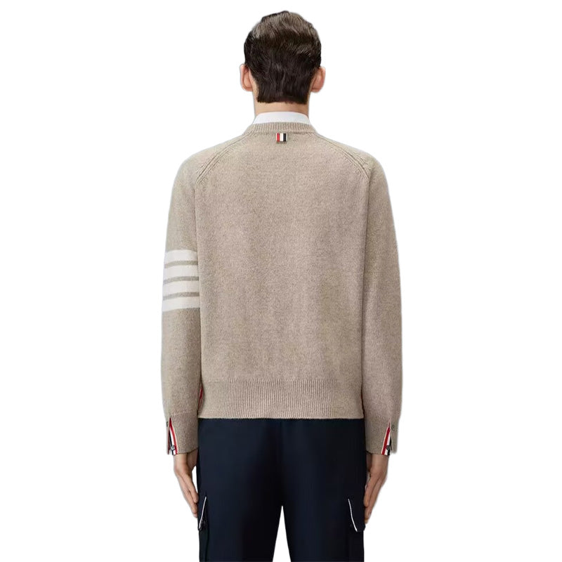 4 - Bar Cotton V - Neck Cardigan - Premium Khaki Knit Sweater | Thom Browne