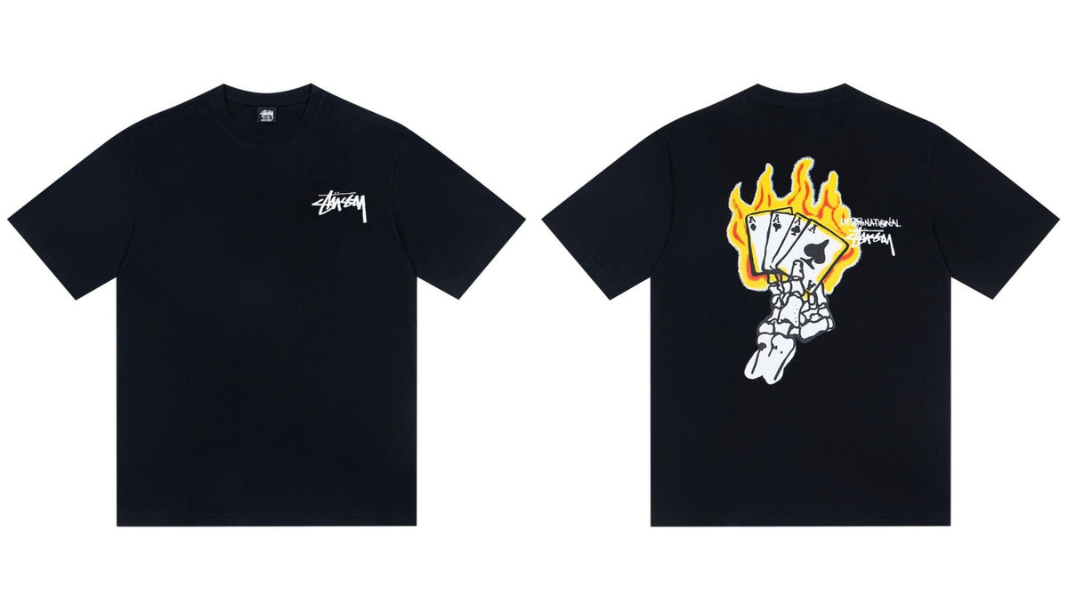 Stussy Skeleton Hand Flaming Aces Poker Graphic Short Sleeve Tee