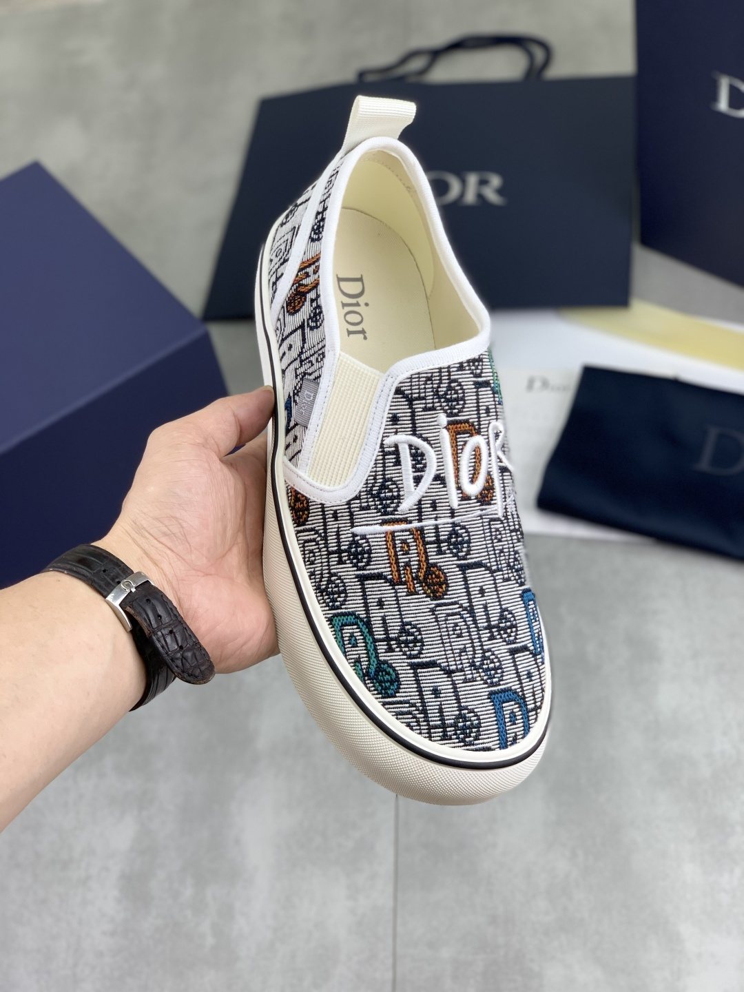 Dior Navy Patterned Slip-On Canvas Shoes
