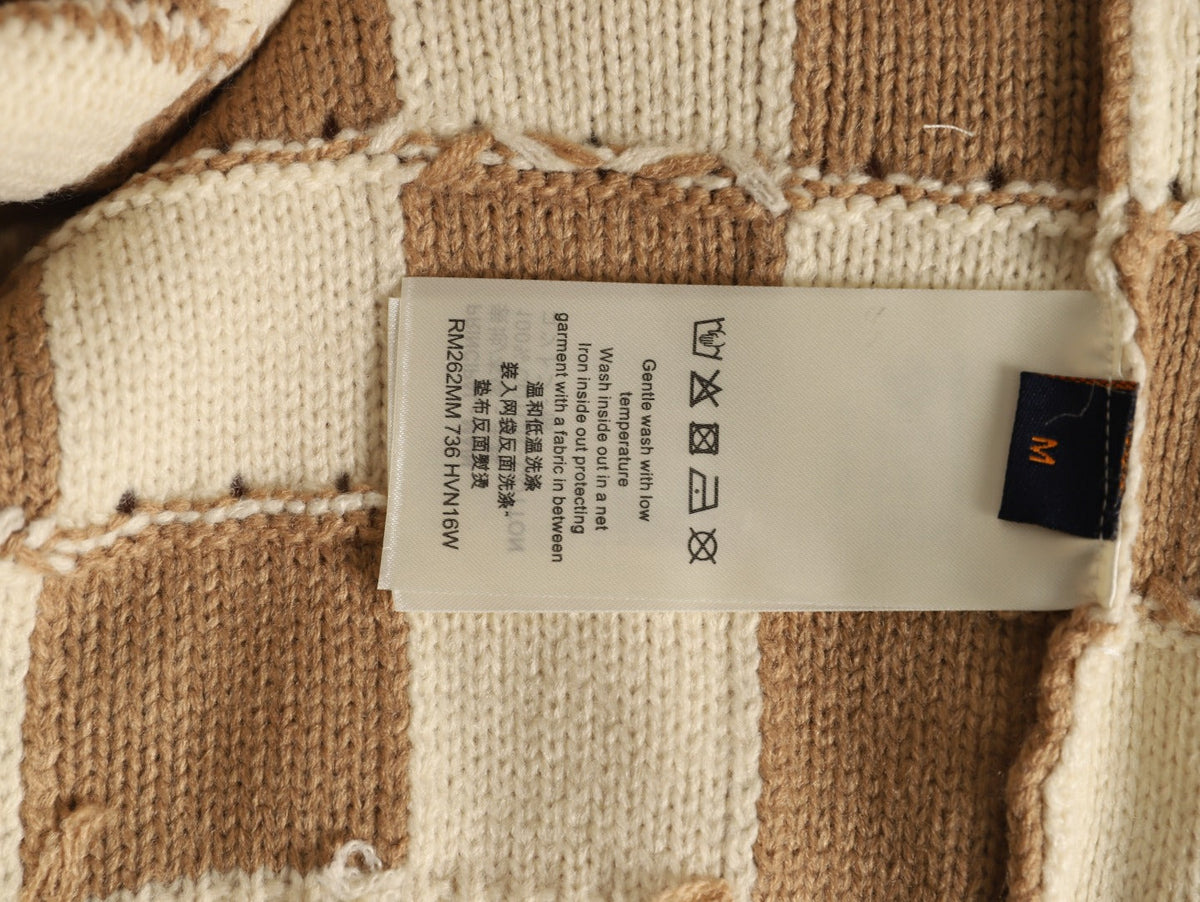 Louis Vuitton Checkerboard Crewneck Knit Cardigan - Khaki and Cream